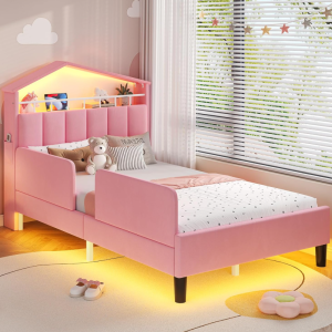 Pink Velvet Princess Guardrail Children's Bed
