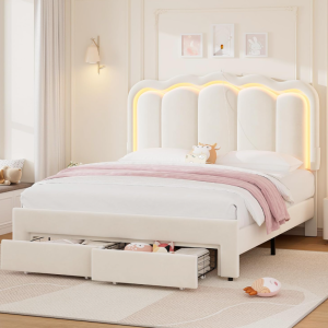 Wave-Shaped Upholstered Double Drawer Velvet Princess Bed